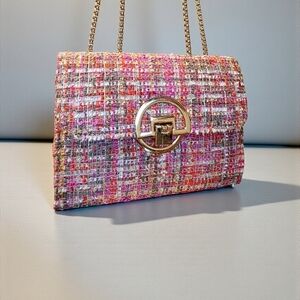 Multicolor Tweed Front Flap Bag with Gold Chain Strap NWOT